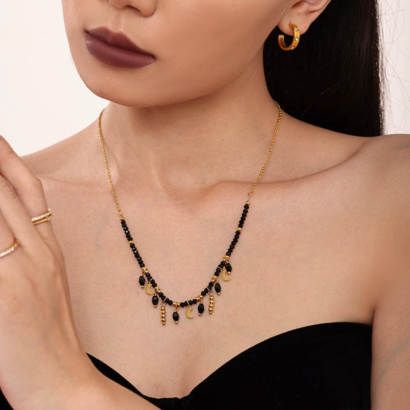 Wholesale Women's Light Luxury Stainless Steel Black Crystal Geometric Tassel Moon Collarbone Necklace With Electroplating