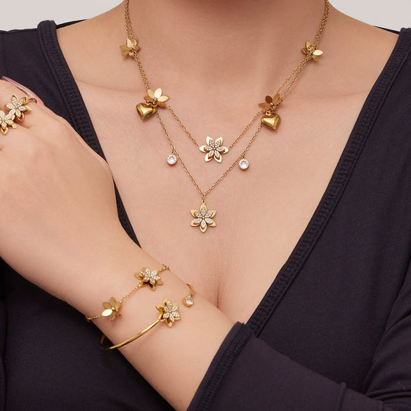 Wholesale Women's Light Luxury Stainless Steel Electroplated Flower Heart Multi Pendant Necklace Earrings Bracelet Ring Set