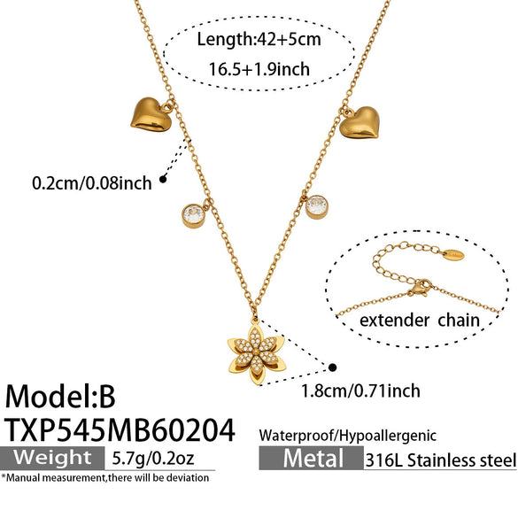 Wholesale Women's Light Luxury Stainless Steel Electroplated Flower Heart Multi Pendant Necklace Earrings Bracelet Ring Set