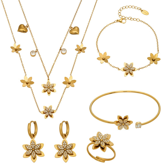 Wholesale Women's Light Luxury Stainless Steel Electroplated Flower Heart Multi Pendant Necklace Earrings Bracelet Ring Set