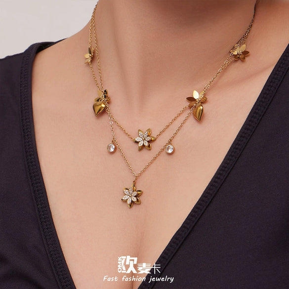 Wholesale Women's Light Luxury Stainless Steel Electroplated Flower Heart Multi Pendant Necklace Earrings Bracelet Ring Set