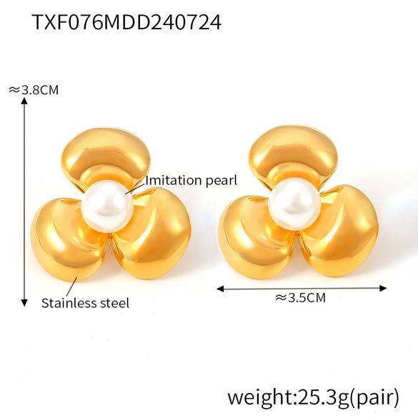 Wholesale Women's Light Luxury 316L Stainless Steel Electroplated Geometric And Flower Patterned Petal Flower Inlaid Beads Earrings