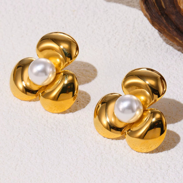 Wholesale Women's Light Luxury 316L Stainless Steel Electroplated Geometric And Flower Patterned Petal Flower Inlaid Beads Earrings