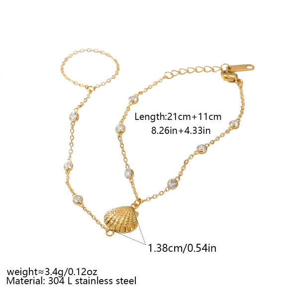 Wholesale Women's Light Luxury Stainless Steel Electroplated Geometric Zircon Embellished Interlocking Bracelet With Shell Pendant