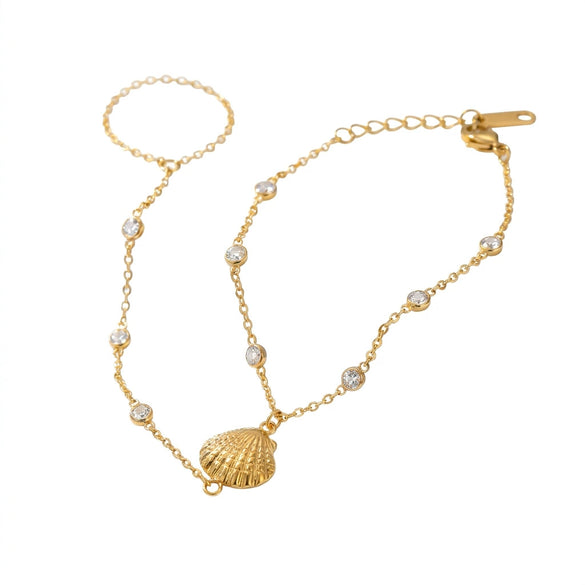 Wholesale Women's Light Luxury Stainless Steel Electroplated Geometric Zircon Embellished Interlocking Bracelet With Shell Pendant