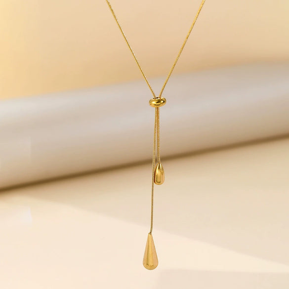 Wholesale Women's Light Luxury Stainless Steel Geometric Drop Shape Tassel 18K Gold Plated Necklace With Round Snake Chain