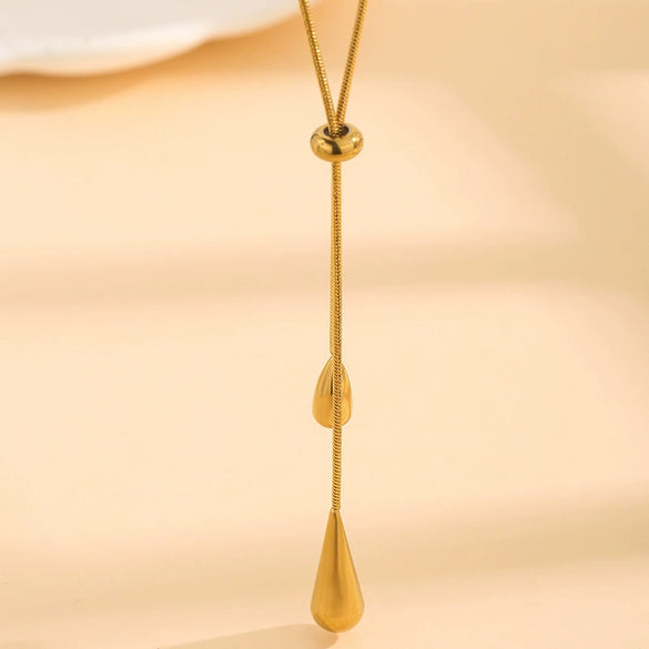 Wholesale Women's Light Luxury Stainless Steel Geometric Drop Shape Tassel 18K Gold Plated Necklace With Round Snake Chain