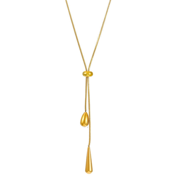 Wholesale Women's Light Luxury Stainless Steel Geometric Drop Shape Tassel 18K Gold Plated Necklace With Round Snake Chain