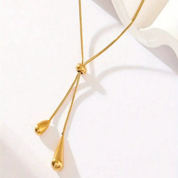 Wholesale Women's Light Luxury Stainless Steel Geometric Drop Shape Tassel 18K Gold Plated Necklace With Round Snake Chain