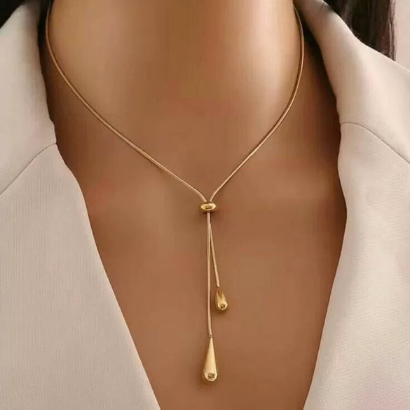 Wholesale Women's Light Luxury Stainless Steel Geometric Drop Shape Tassel 18K Gold Plated Necklace With Round Snake Chain