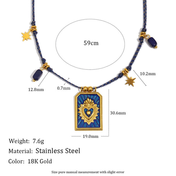 Wholesale Women's Light Luxury Stainless Steel 18K Gold Plated Heart Shape Crown Square Pendant Necklace With Braided Rope And Regular Chain