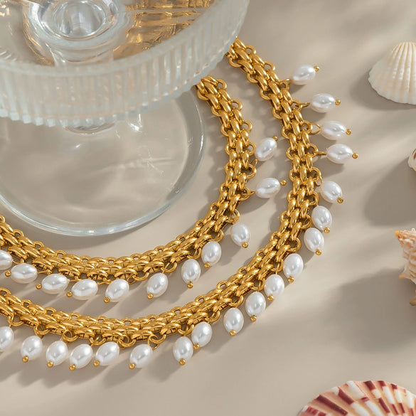 Wholesale Women's Light Luxury Stainless Steel Pearl Necklace And Bracelet With Marine Life Pattern Pvd Vacuum Real Gold Electroplating