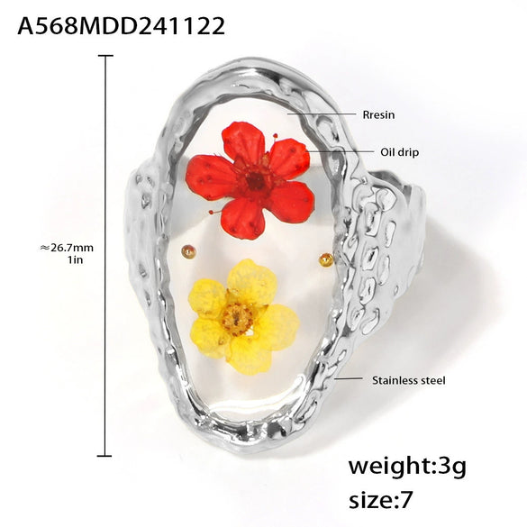 Wholesale Women's Light Luxury 316L Stainless Steel Resin Geometric Electroplated Dried Flower Opening Finger Ring
