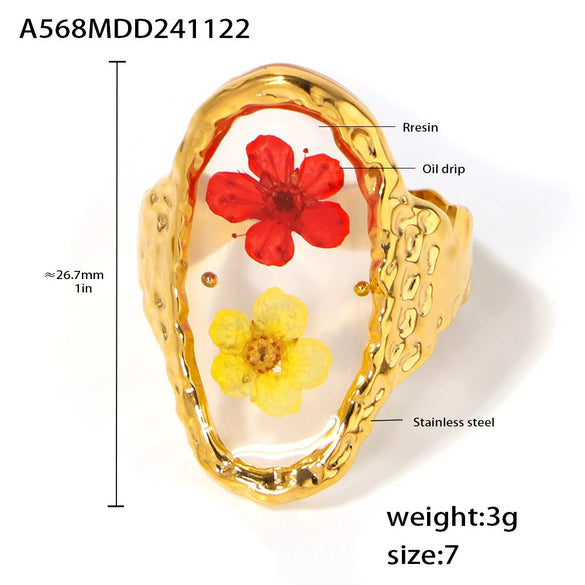 Wholesale Women's Light Luxury 316L Stainless Steel Resin Geometric Electroplated Dried Flower Opening Finger Ring