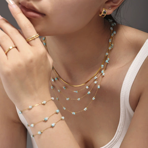 Wholesale Women's Light Luxury Stainless Steel Tianhe Stone Handmade Double Clavicle Necklace With Electroplating And Blade Chain Design
