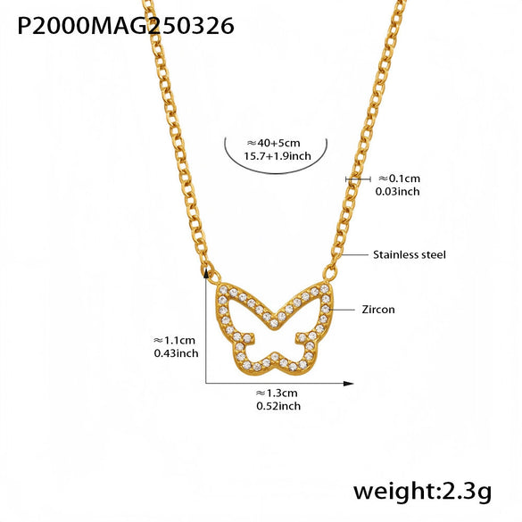 Wholesale Women's Light Luxury 316L Stainless Steel Zircon Geometric Butterfly Necklace
