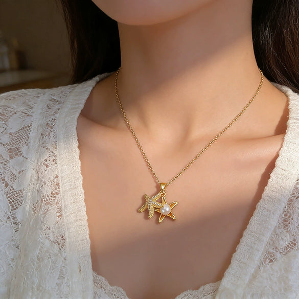 Wholesale Women's Light Luxury Starfish Pearl Necklace With Zircon Inlay In Titanium Steel And Oshaped Chain