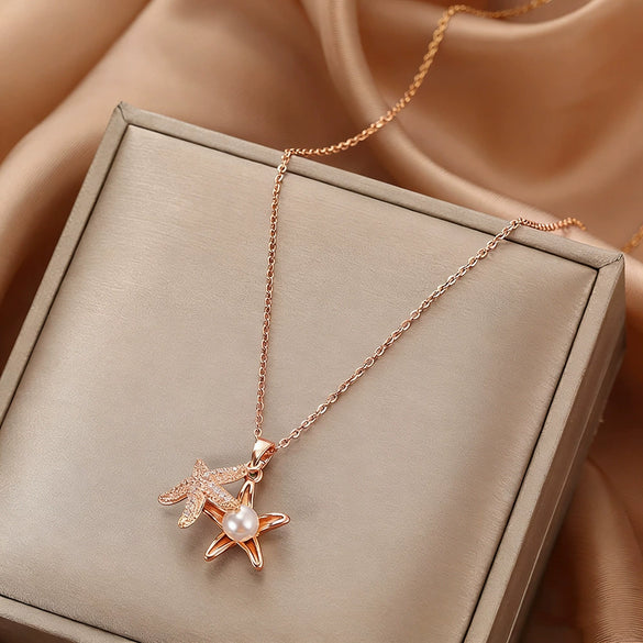 Wholesale Women's Light Luxury Starfish Pearl Necklace With Zircon Inlay In Titanium Steel And Oshaped Chain