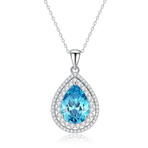 Wholesale Women's Light Luxury 925 Sterling Silver Aquamarine Drop Shape Necklace With High Carbon Diamond And Cross Chain