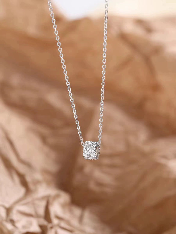Wholesale Women's Light Luxury 925 Sterling Silver Necklace With Geometric Cylindrical Pendant Microinlaid With Zircon And Plated 14K Gold And Diamond Design