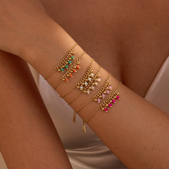 Wholesale Women's Light Luxury Style Bracelet With Natural Beads Tassel Stainless Steel 18K Electroplated Geometric Design