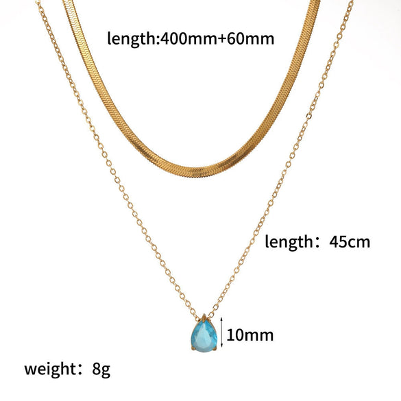 Wholesale Women's Light Luxury Style Colorful Zircon Stainless Steel Drop Shape Pendant Stacked Clavicle Chain Necklace With Pvd Furnace Vacuum Real Gold Plating