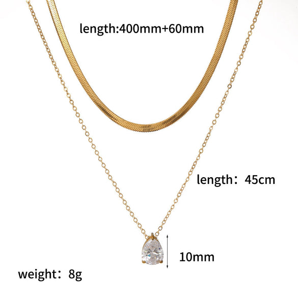Wholesale Women's Light Luxury Style Colorful Zircon Stainless Steel Drop Shape Pendant Stacked Clavicle Chain Necklace With Pvd Furnace Vacuum Real Gold Plating