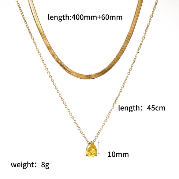 Wholesale Women's Light Luxury Style Colorful Zircon Stainless Steel Drop Shape Pendant Stacked Clavicle Chain Necklace With Pvd Furnace Vacuum Real Gold Plating