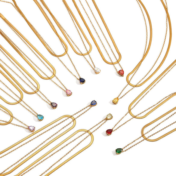 Wholesale Women's Light Luxury Style Colorful Zircon Stainless Steel Drop Shape Pendant Stacked Clavicle Chain Necklace With Pvd Furnace Vacuum Real Gold Plating