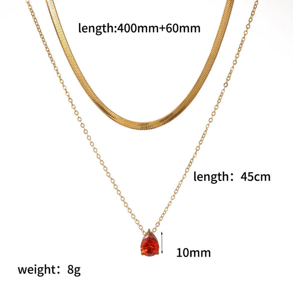 Wholesale Women's Light Luxury Style Colorful Zircon Stainless Steel Drop Shape Pendant Stacked Clavicle Chain Necklace With Pvd Furnace Vacuum Real Gold Plating