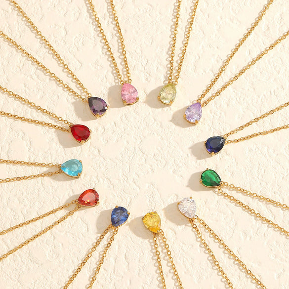 Wholesale Women's Light Luxury Style Colorful Zircon Stainless Steel Drop Shape Pendant Stacked Clavicle Chain Necklace With Pvd Furnace Vacuum Real Gold Plating