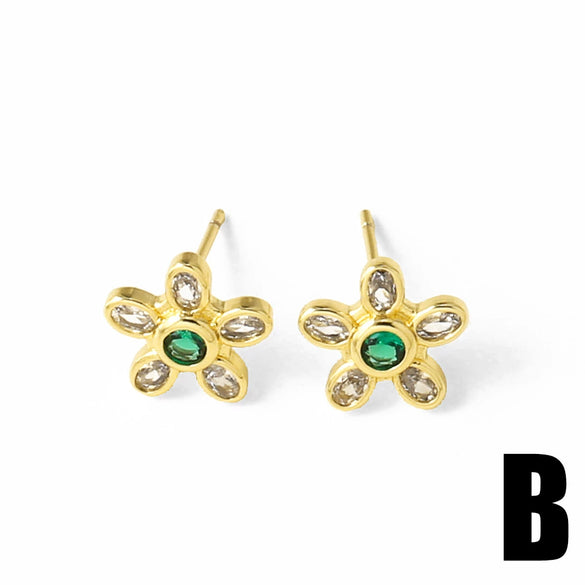 Wholesale Women's Light Luxury Style Copper Electroplated 18K Gold Inlaid Zircon Flower Earrings