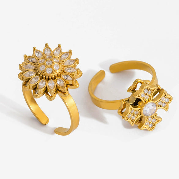 Wholesale Women's Light Luxury Style Electroplated Stainless Steel Flower Pattern Rotating Ring Jewelry