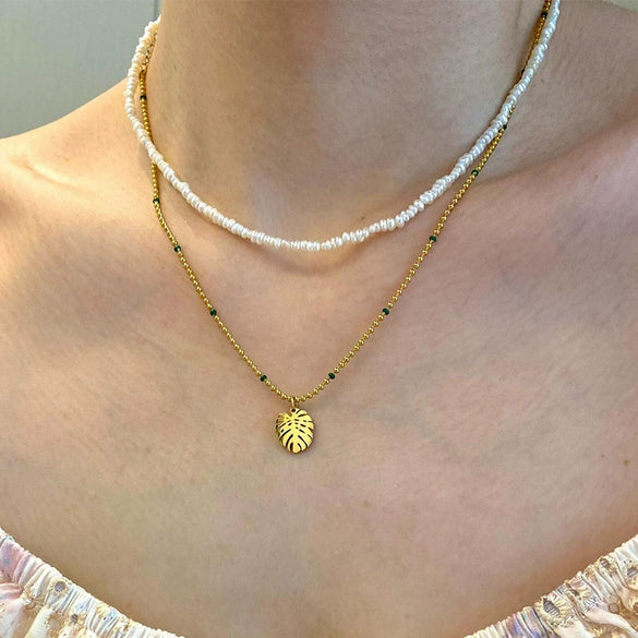 Wholesale Women's Light Luxury Style Electroplated Stainless Steel Leaf Pendant Ball Chain Necklace