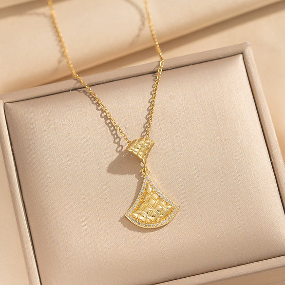 Wholesale Women's Light Luxury Style Fanshaped Lower Skirt Pattern Gold Plated Titanium Steel And Copper Inlaid With Zircon Cross Chain Necklace