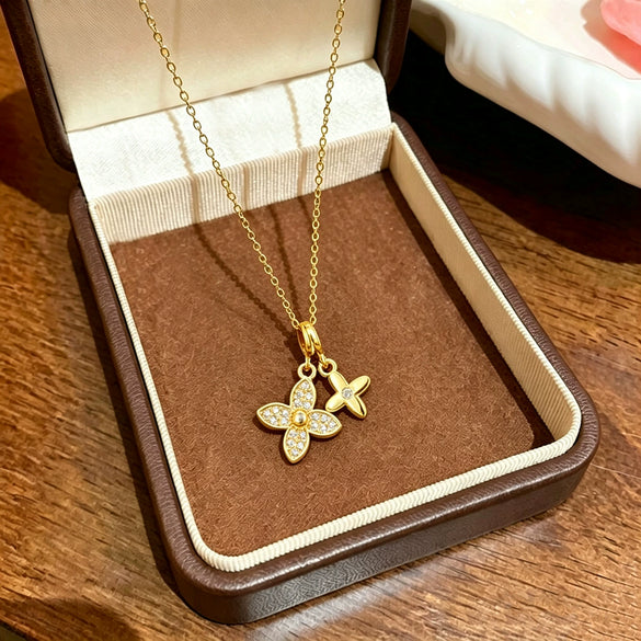 Wholesale Women's Light Luxury Style Flower Print Fourleaf Clover Pendant Titanium Steel Necklace With Zirconia Inlaid Copper Pendant And Oshaped Chain