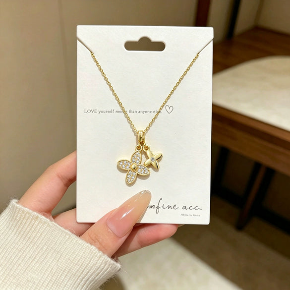 Wholesale Women's Light Luxury Style Flower Print Fourleaf Clover Pendant Titanium Steel Necklace With Zirconia Inlaid Copper Pendant And Oshaped Chain