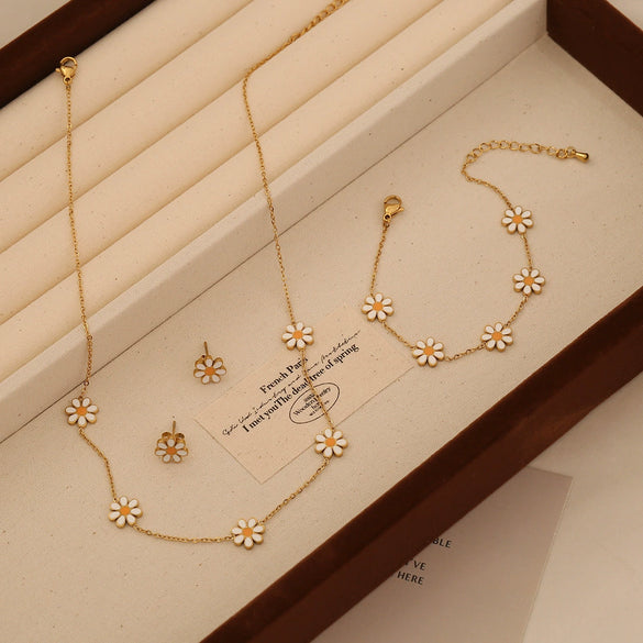 Wholesale Women's Light Luxury Style Flower Shape Real Gold Plated Stainless Steel Necklace Set