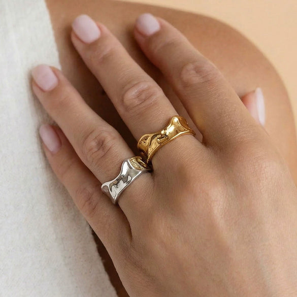 Wholesale Women's Light Luxury Style Geometric Stainless Steel Electroplated Embossed Irregular Pleated Open Ring