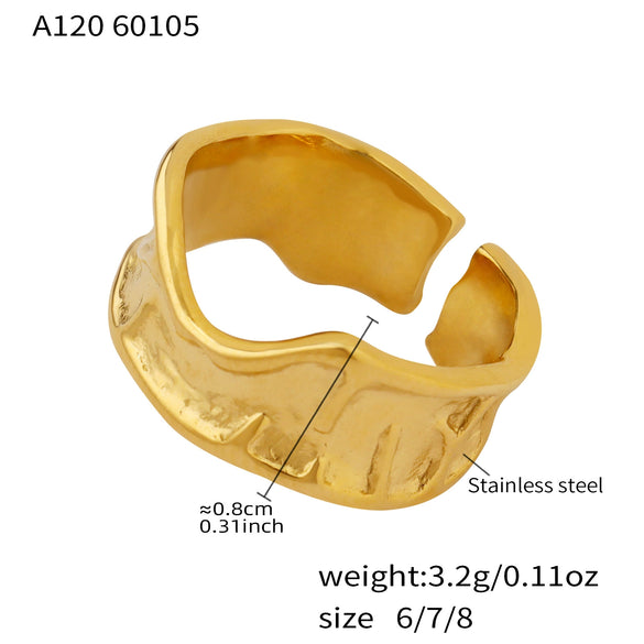 Wholesale Women's Light Luxury Style Geometric Stainless Steel Electroplated Embossed Irregular Pleated Open Ring