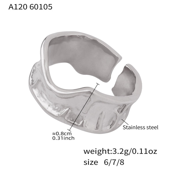 Wholesale Women's Light Luxury Style Geometric Stainless Steel Electroplated Embossed Irregular Pleated Open Ring