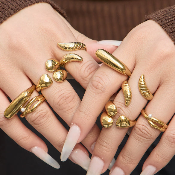 Wholesale Women's Light Luxury Style Geometric Stainless Steel 18K Gold Plated Index Finger Ring Set