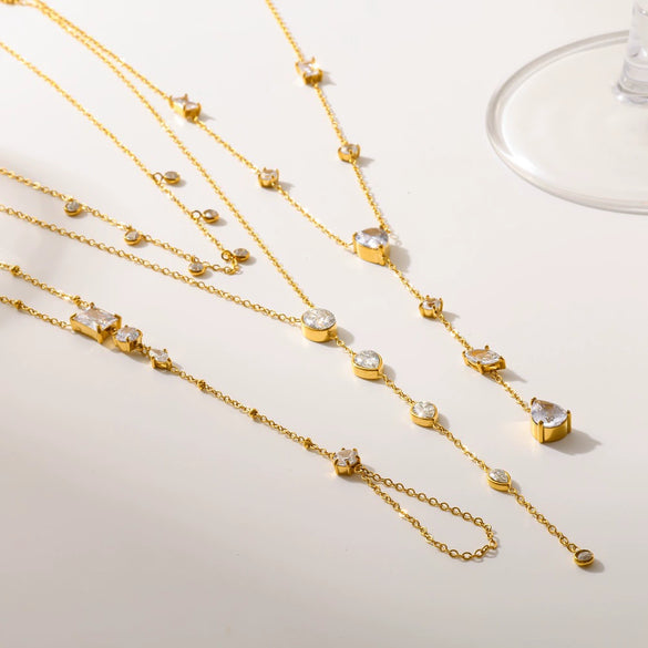 Wholesale Women's Light Luxury Style Geometric Stainless Steel Necklace And Bracelet Jewelry Set With Multiple Zircon Stones And Pvd Furnace Vacuum Real Gold Plating