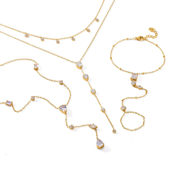 Wholesale Women's Light Luxury Style Geometric Stainless Steel Necklace And Bracelet Jewelry Set With Multiple Zircon Stones And Pvd Furnace Vacuum Real Gold Plating