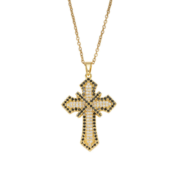 Wholesale Women's Light Luxury Style Gold Plated Copper Zircon Inlaid Cross Pendant Necklace With O Word Chain