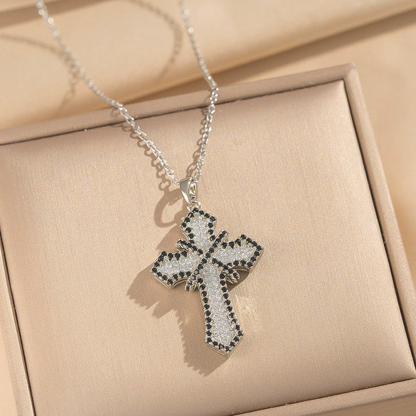 Wholesale Women's Light Luxury Style Gold Plated Copper Zircon Inlaid Cross Pendant Necklace With O Word Chain