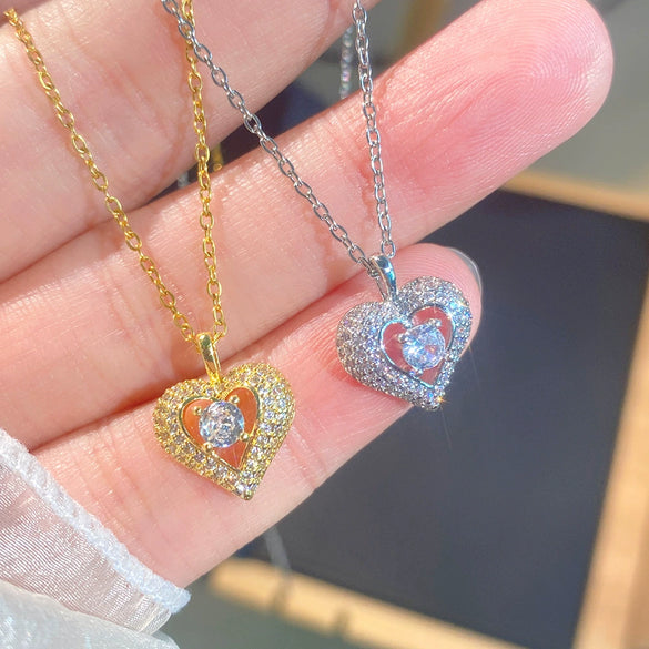 Wholesale Women's Light Luxury Style Heartshaped Titanium Steel Necklace With Copper Zircon Inlaid Pendant And Oshaped Chain