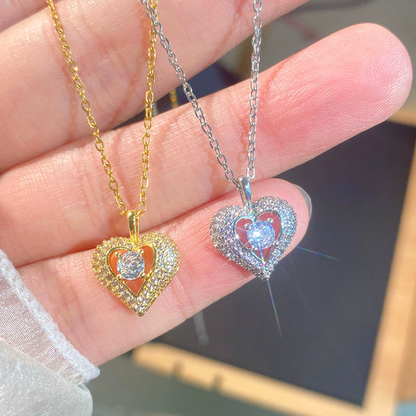 Wholesale Women's Light Luxury Style Heartshaped Titanium Steel Necklace With Copper Zircon Inlaid Pendant And Oshaped Chain