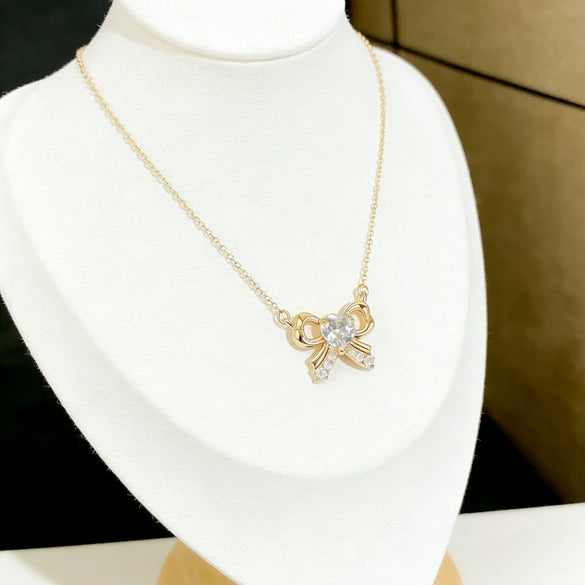 Wholesale Women's Light Luxury Style Irregular Love Heart Bow Titanium Steel Necklace With Zircon Inlaid Pendant And Oshaped Chain