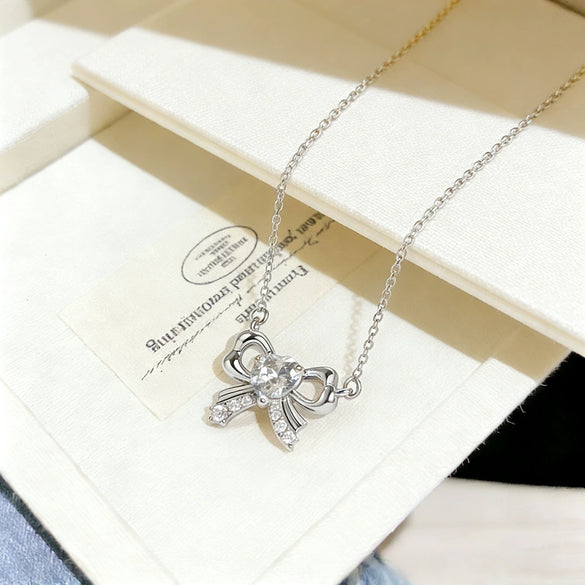 Wholesale Women's Light Luxury Style Irregular Love Heart Bow Titanium Steel Necklace With Zircon Inlaid Pendant And Oshaped Chain